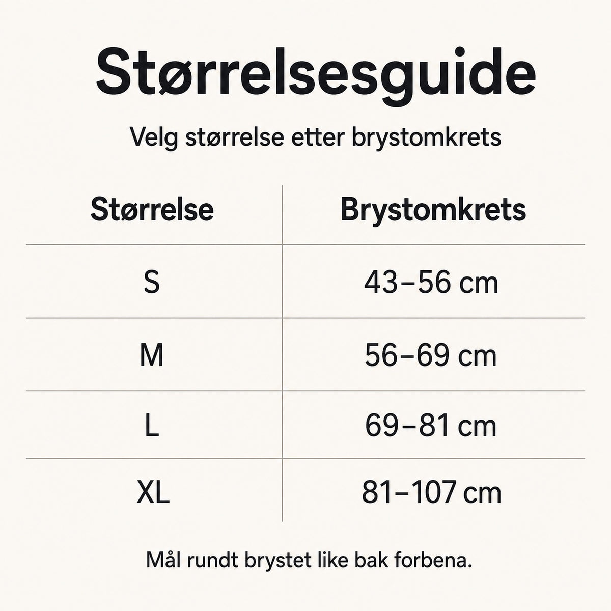 Størrelsesguide for justerbar hundesele etter brystomkrets