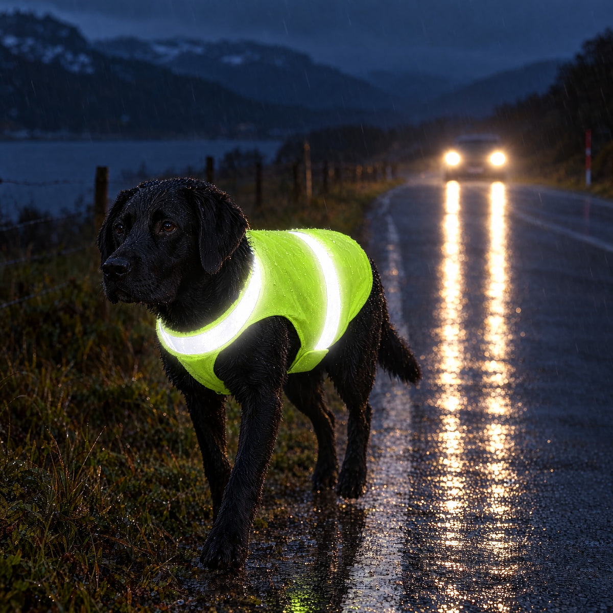 Svart labrador i gul refleksvest lyser opp i billys en regnfull kveld