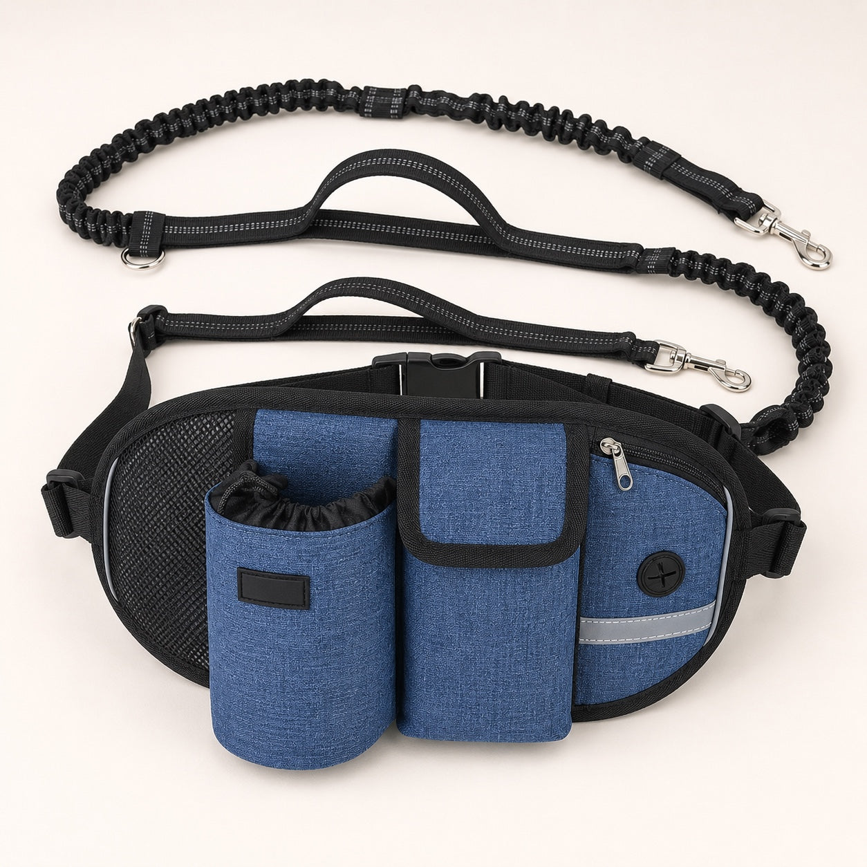 Blått FlexiLeash magebelte med tre lommer og svart bungee-hundebånd