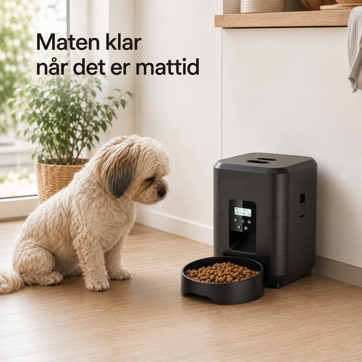 Svart automatisk fôrautomat i et lyst hjem med hund klar for måltidet