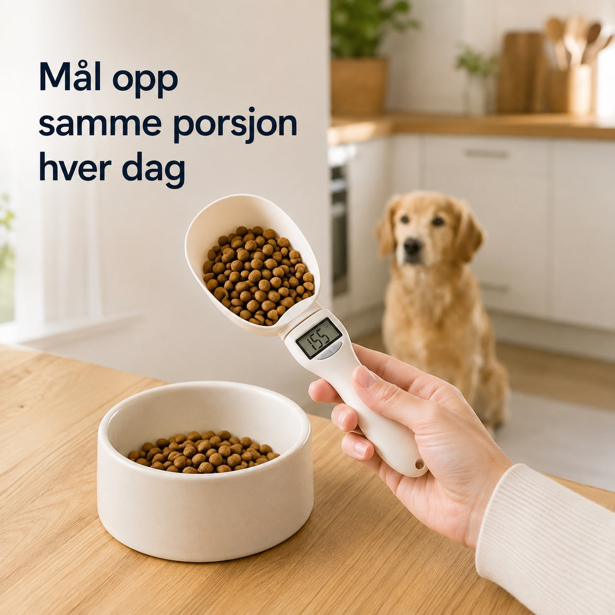 Digital måleskje brukes til å porsjonere hundefôr i et lyst hjem