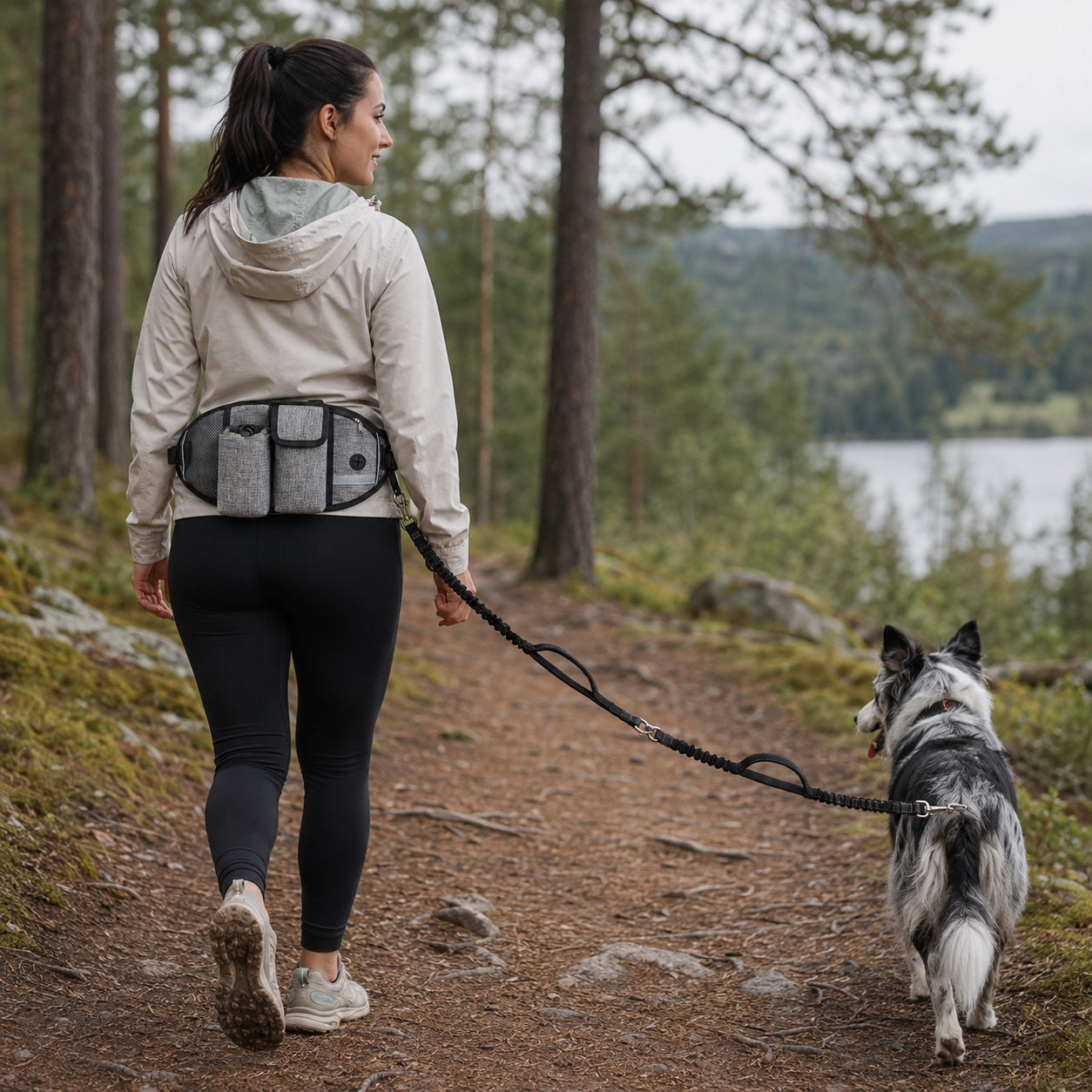 FlexiLeash magebelte og hundebånd i bruk på tur i norsk skog