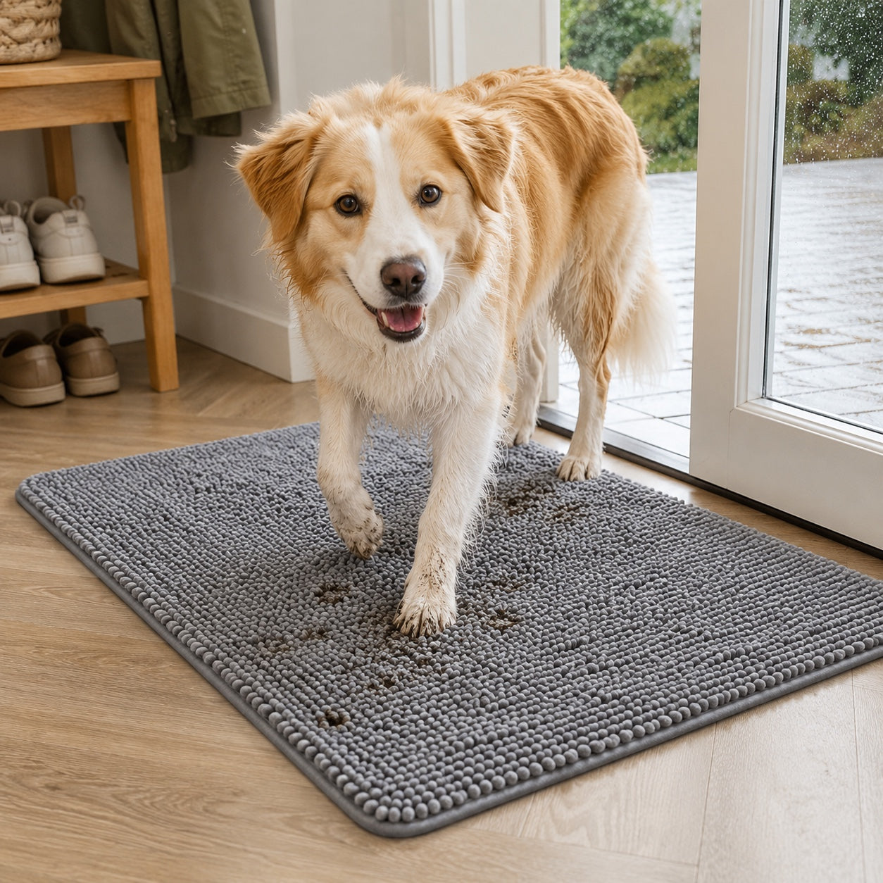 Hund tørker våte poter på RenePoter-matten i entréen