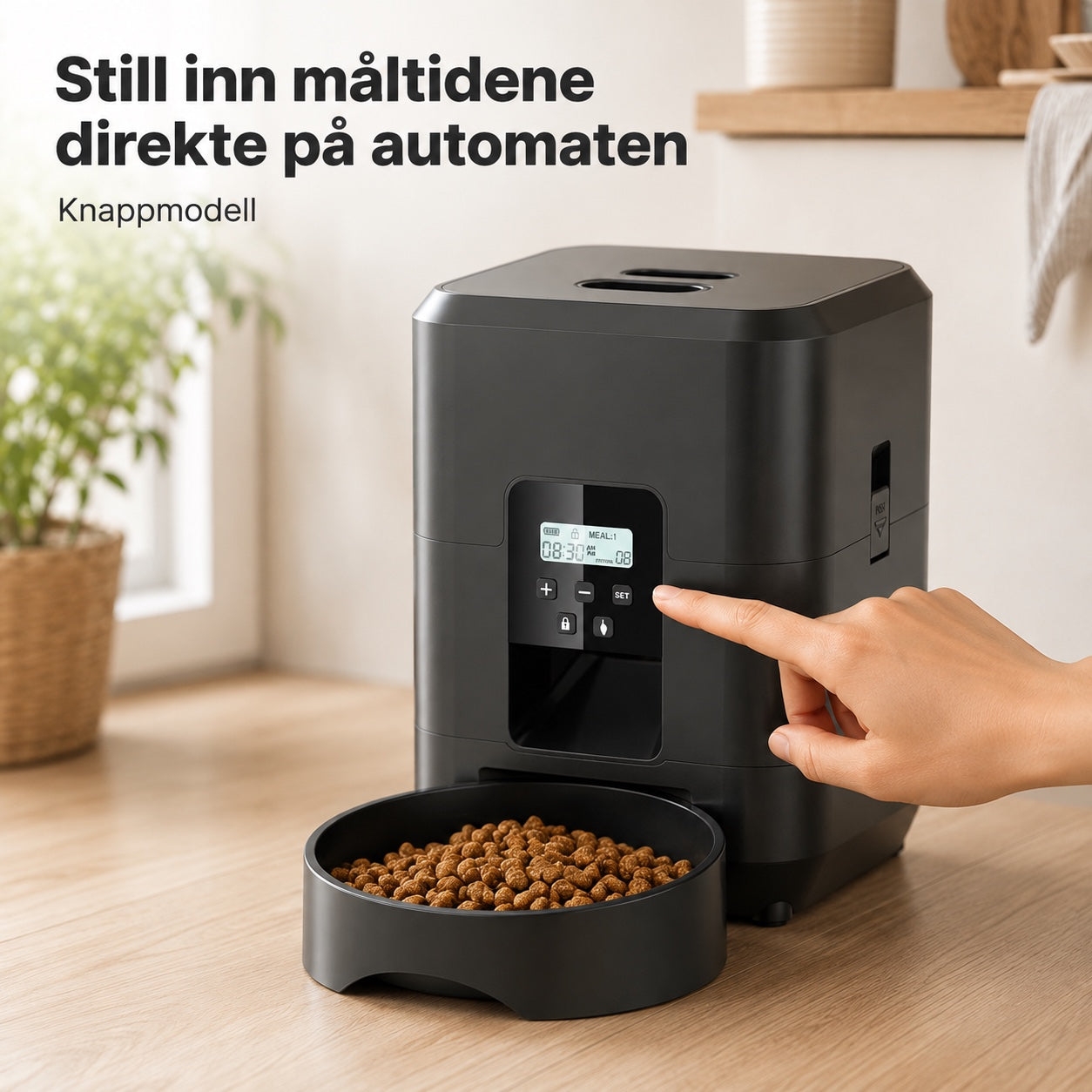 Kontrollpanel og knapper på svart automatisk fôrautomat