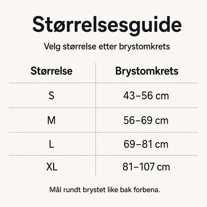 Størrelsesguide for justerbar hundesele etter brystomkrets