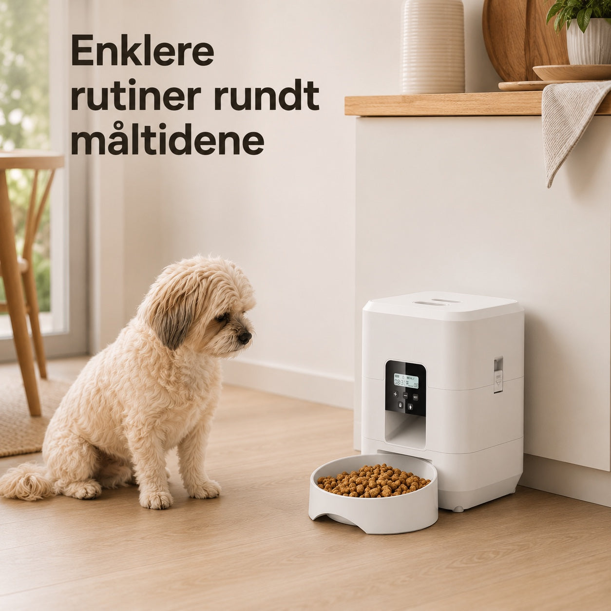 Hvit automatisk fôrautomat i bruk ved hundens faste spiseplass