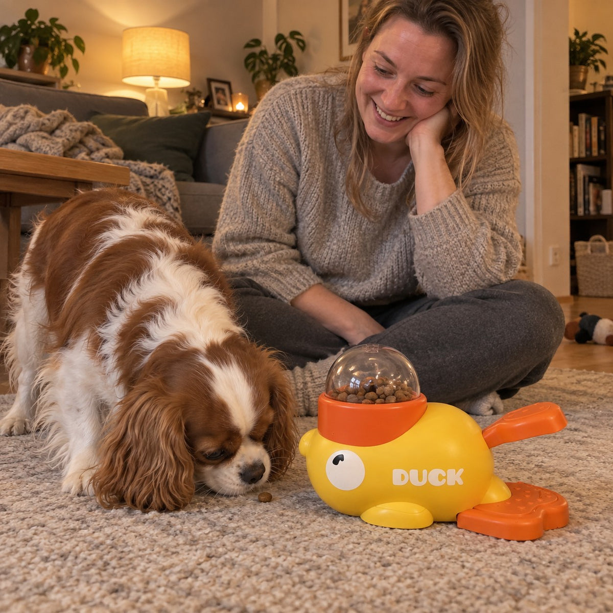 Kvinne ler mens cavalier king charles spanielen spiser en godbit fra GodbitAnda