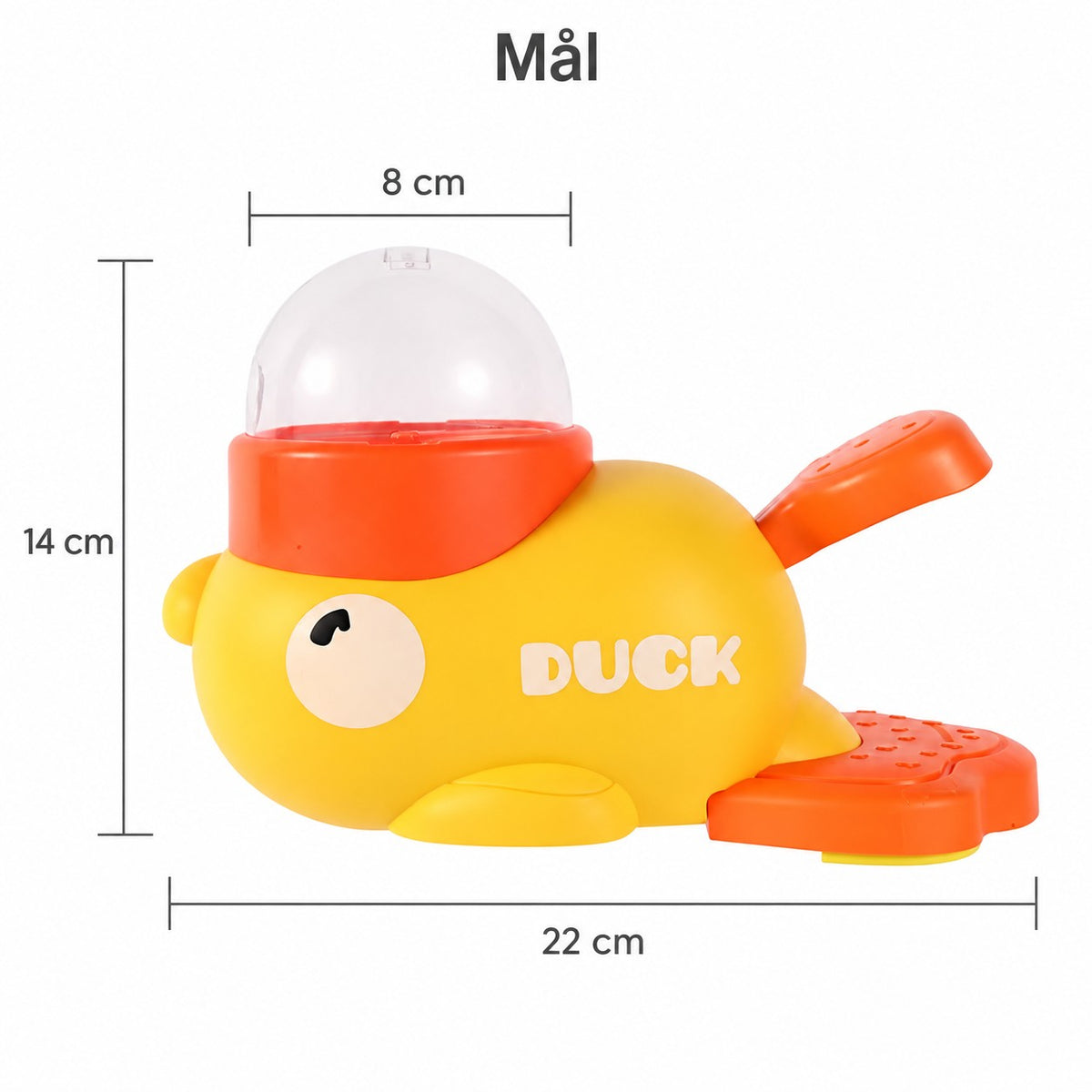 Mål på GodbitAnda: 22 cm lang, 14 cm høy, kuppel 8 cm
