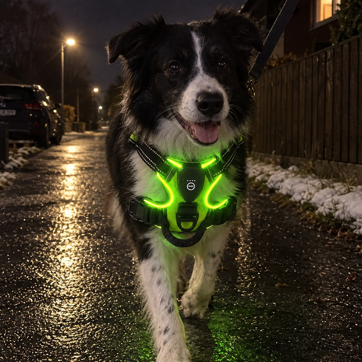 Border collie med grønt lys i LysSele på kveldstur langs en våt gangvei i boligfeltet