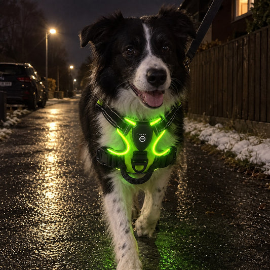Border collie med grønt lys i LysSele på kveldstur langs en våt gangvei i boligfeltet