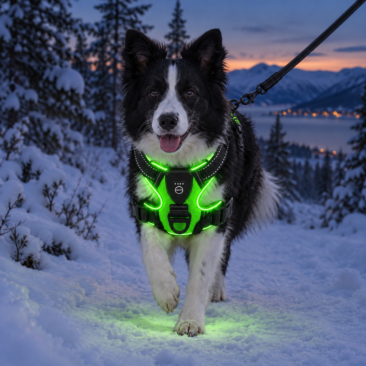 Border collie med grønt lys i LysSele på en snødekt skogssti i skumringen