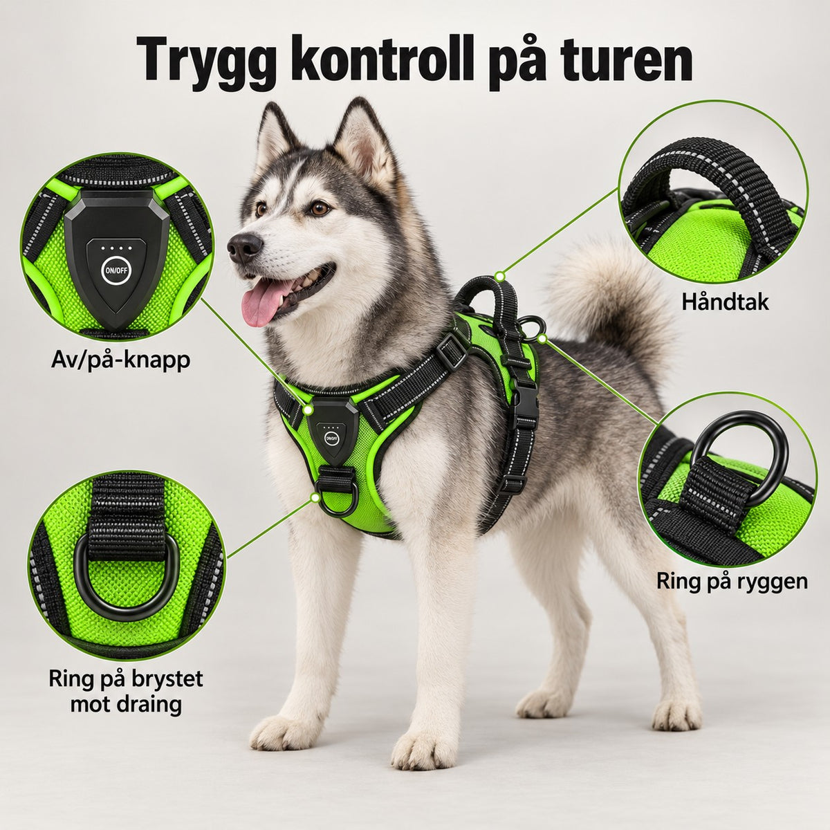 Festepunkter på LysSele: ring på brystet, ring på ryggen, håndtak og av/på-knapp