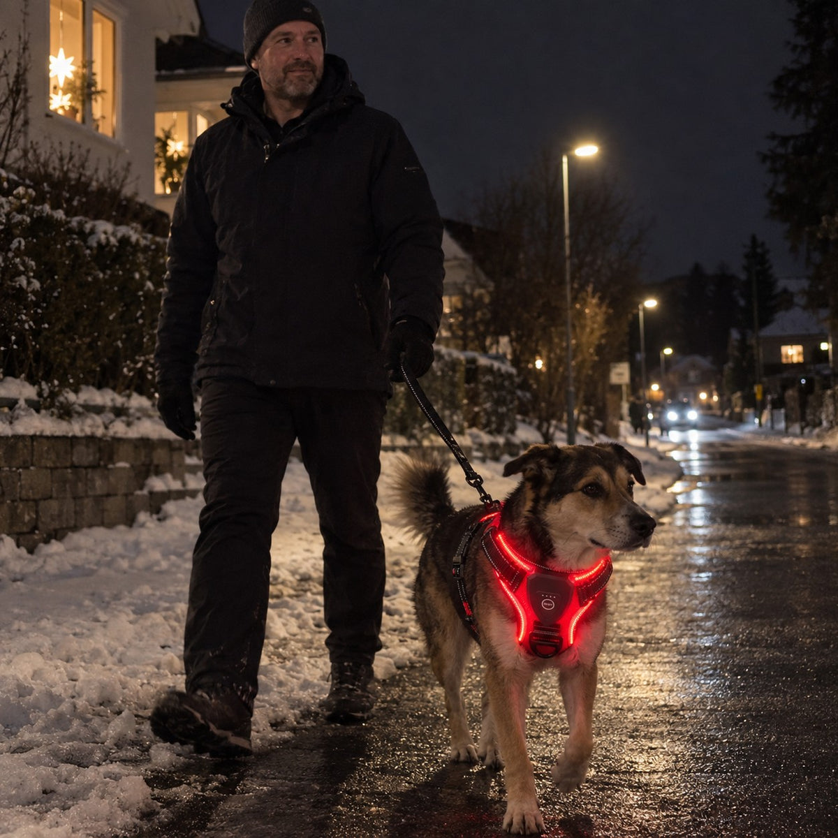 Mann går kveldstur med hunden i rød LysSele langs en mørk boliggate