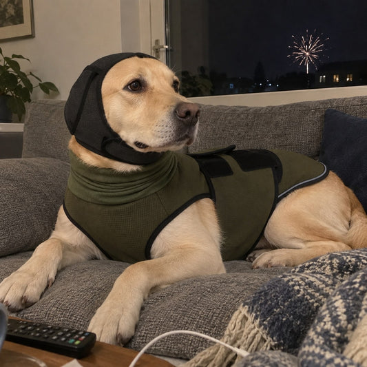 Labrador med NyttårsRo angstvest og hørselvern ligger rolig i sofaen mens det smeller ute på nyttårsaften