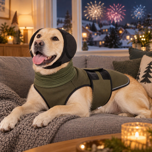 Hund med NyttårsRo angstvest og hørselvern slapper av i sofaen mens det er fyrverkeri ute