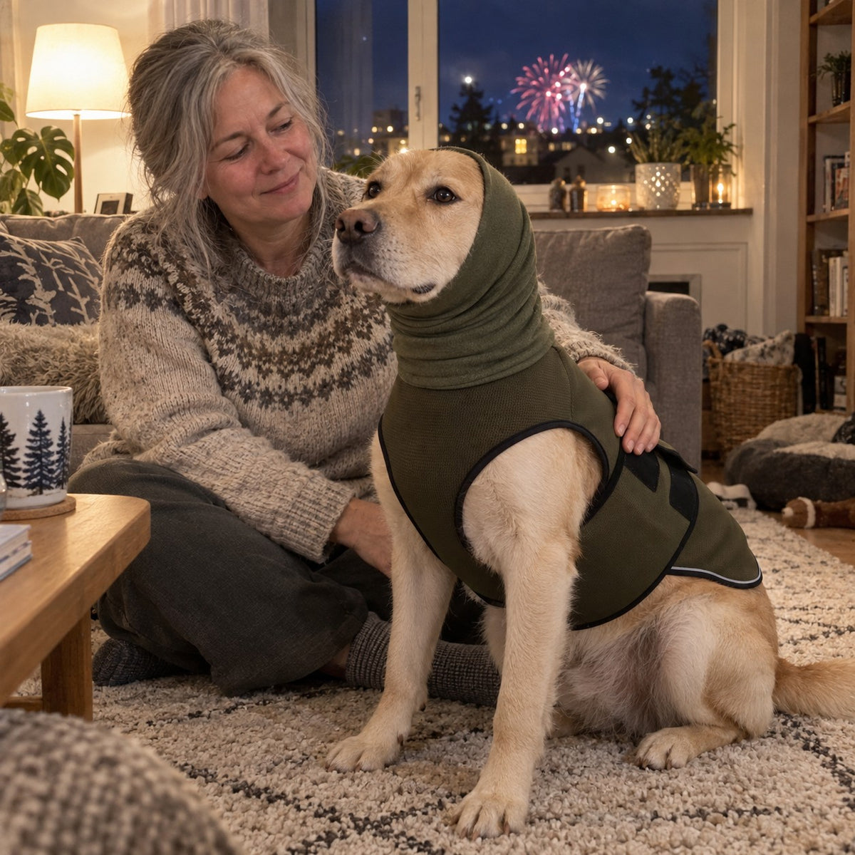 Kvinne klapper hunden som har kragen på angstvesten trukket over ørene