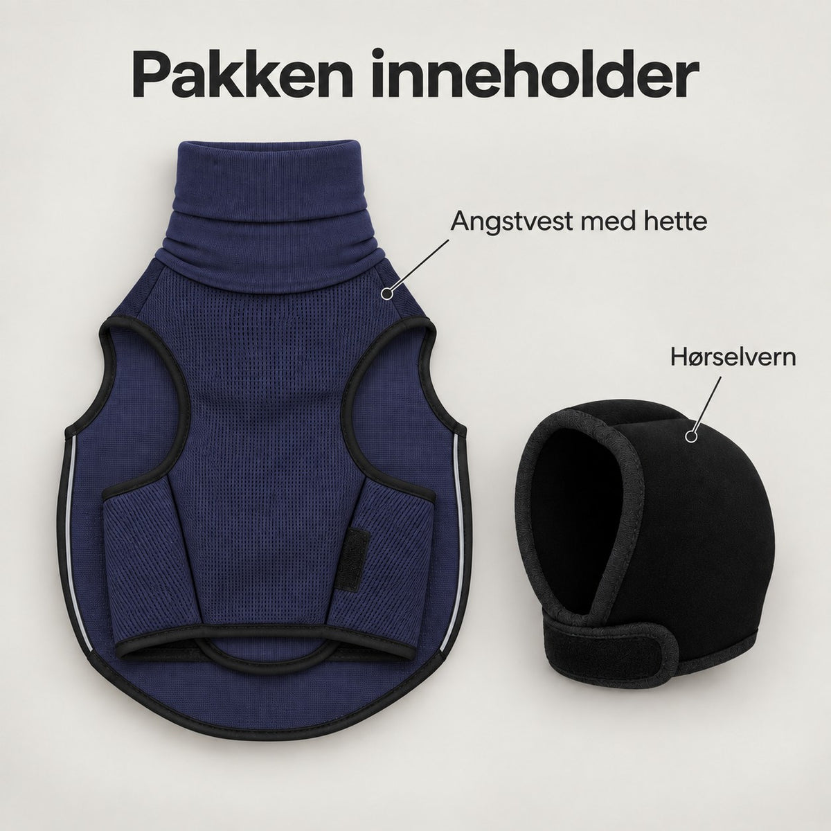 Pakken i marineblått: angstvest med hette og svart hørselvern