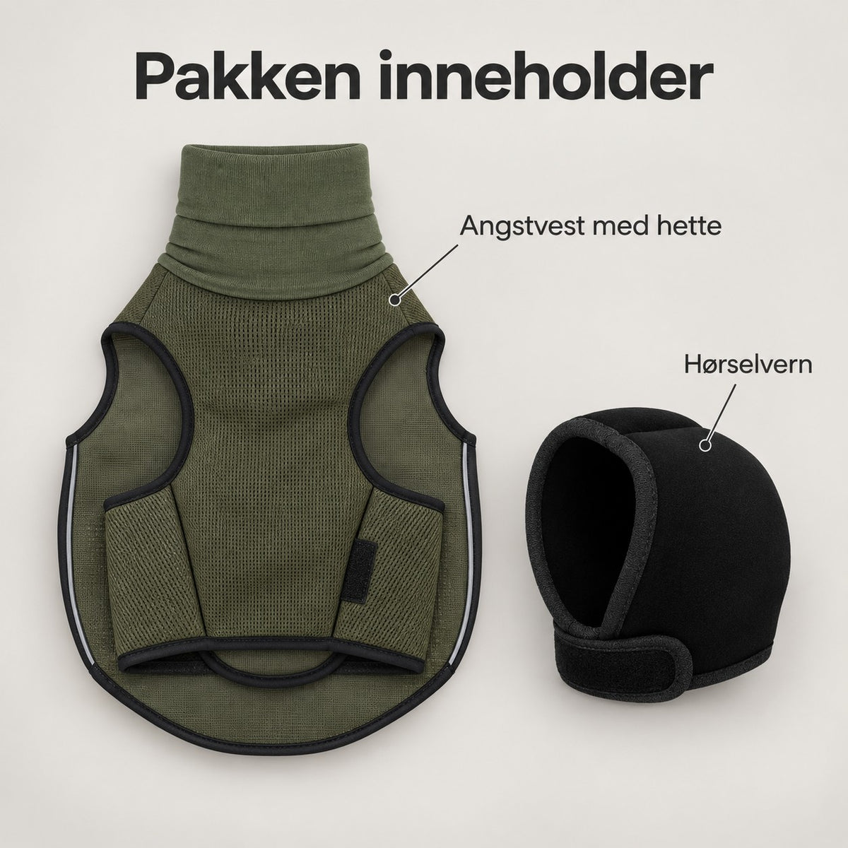 Pakken inneholder olivengrønn angstvest med hette og svart hørselvern