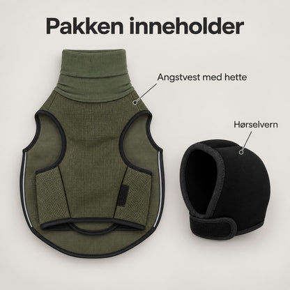 Pakken inneholder olivengrønn angstvest med hette og svart hørselvern
