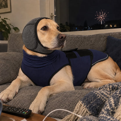 Labrador i marineblå NyttårsRo-vest og grå ørelue ligger rolig i sofaen mens det er fyrverkeri ute