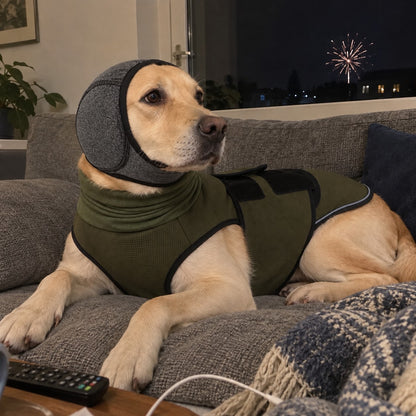 Labrador i olivengrønn NyttårsRo-vest og grå ørelue ligger rolig i sofaen mens det er fyrverkeri ute