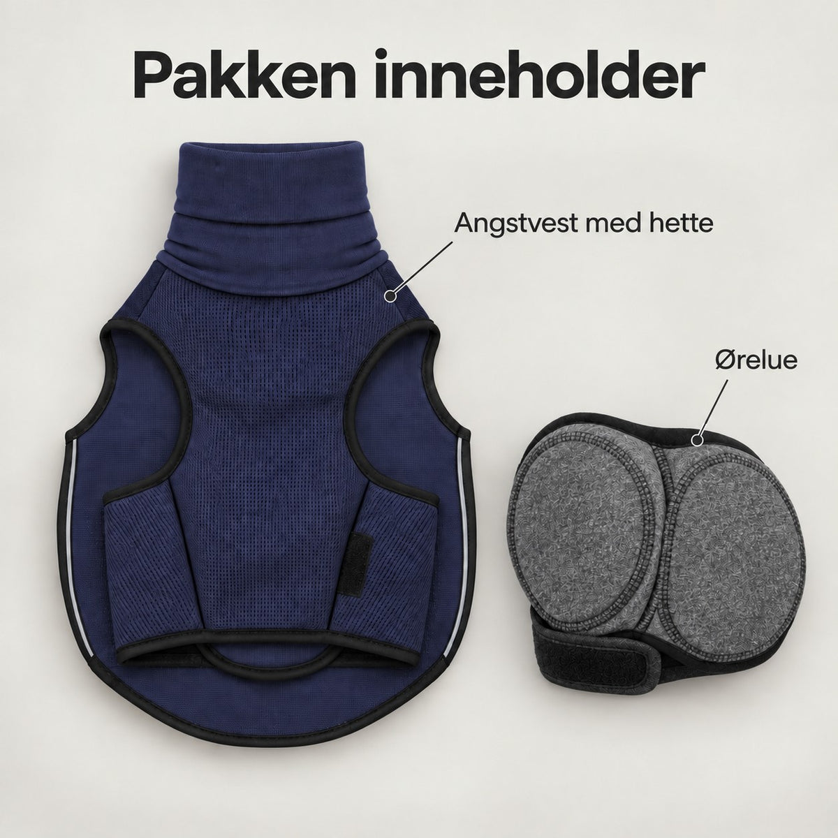 Pakken inneholder: marineblå angstvest med hette og grå ørelue
