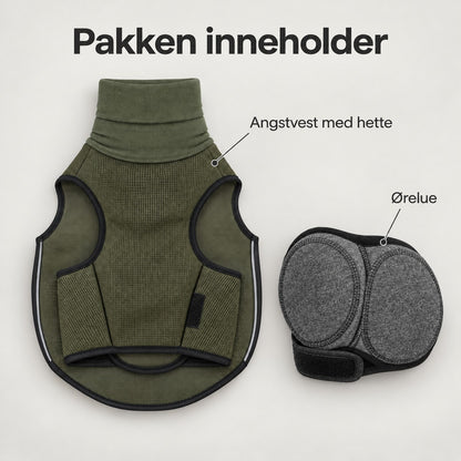 Pakken inneholder: olivengrønn angstvest med hette og grå ørelue