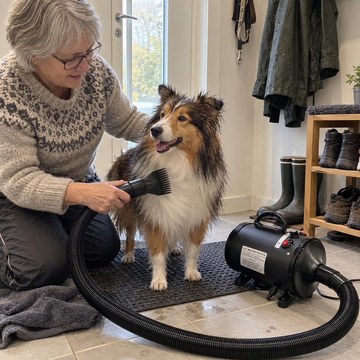 Kvinne føner en fuktig sheltie med kammunnstykket i gangen etter tur
