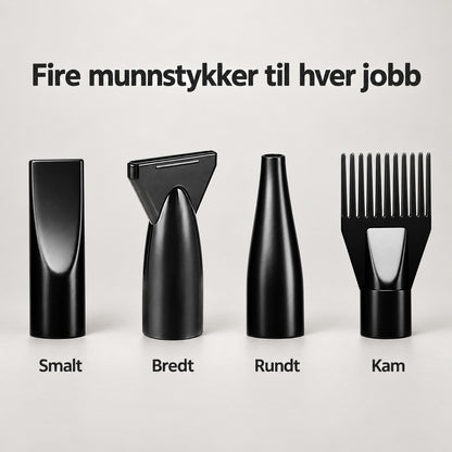 De fire munnstykkene til PelsStorm: smalt, bredt, rundt og kam