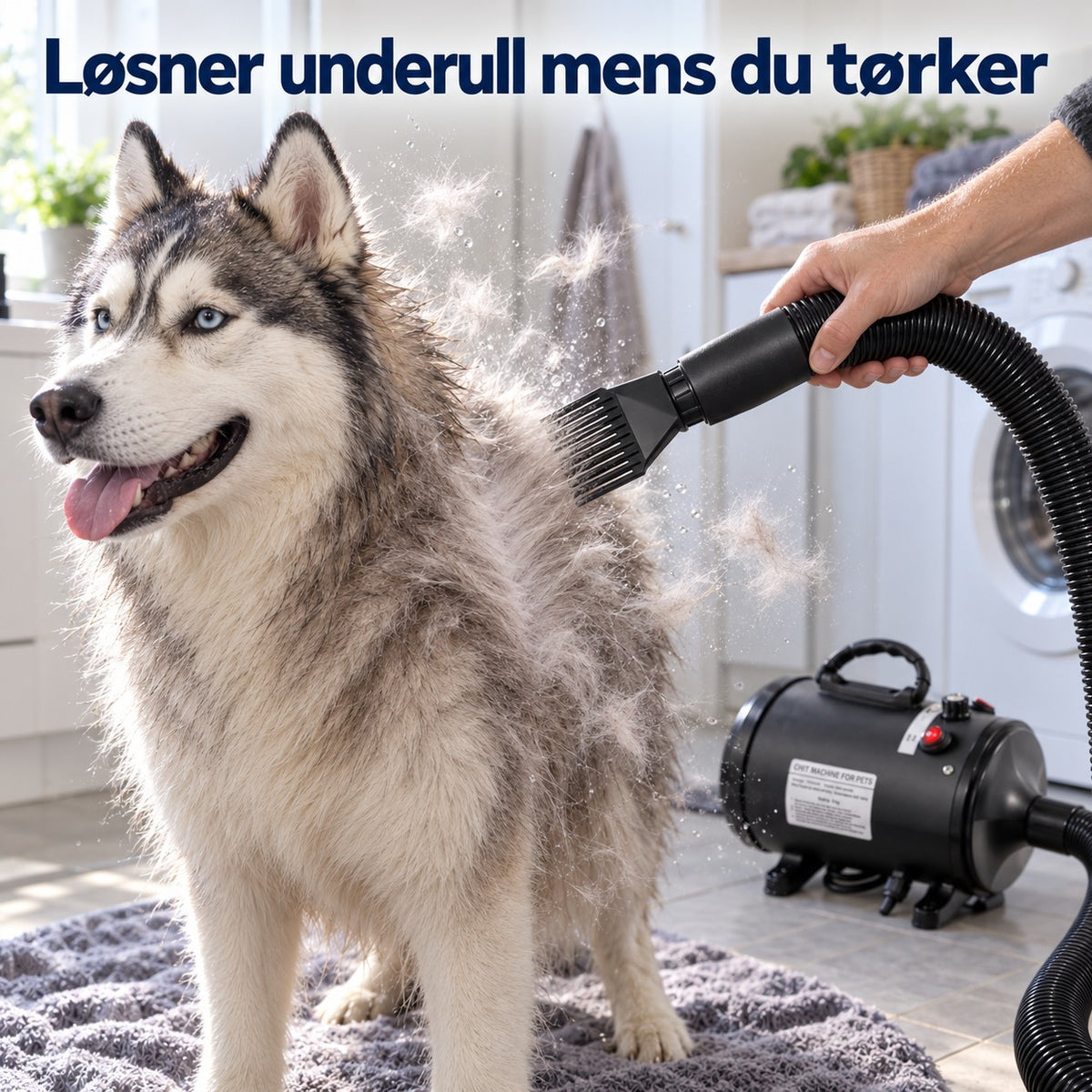 PelsStorm med kammunnstykke løsner underull og blåser vannet ut av pelsen på en husky