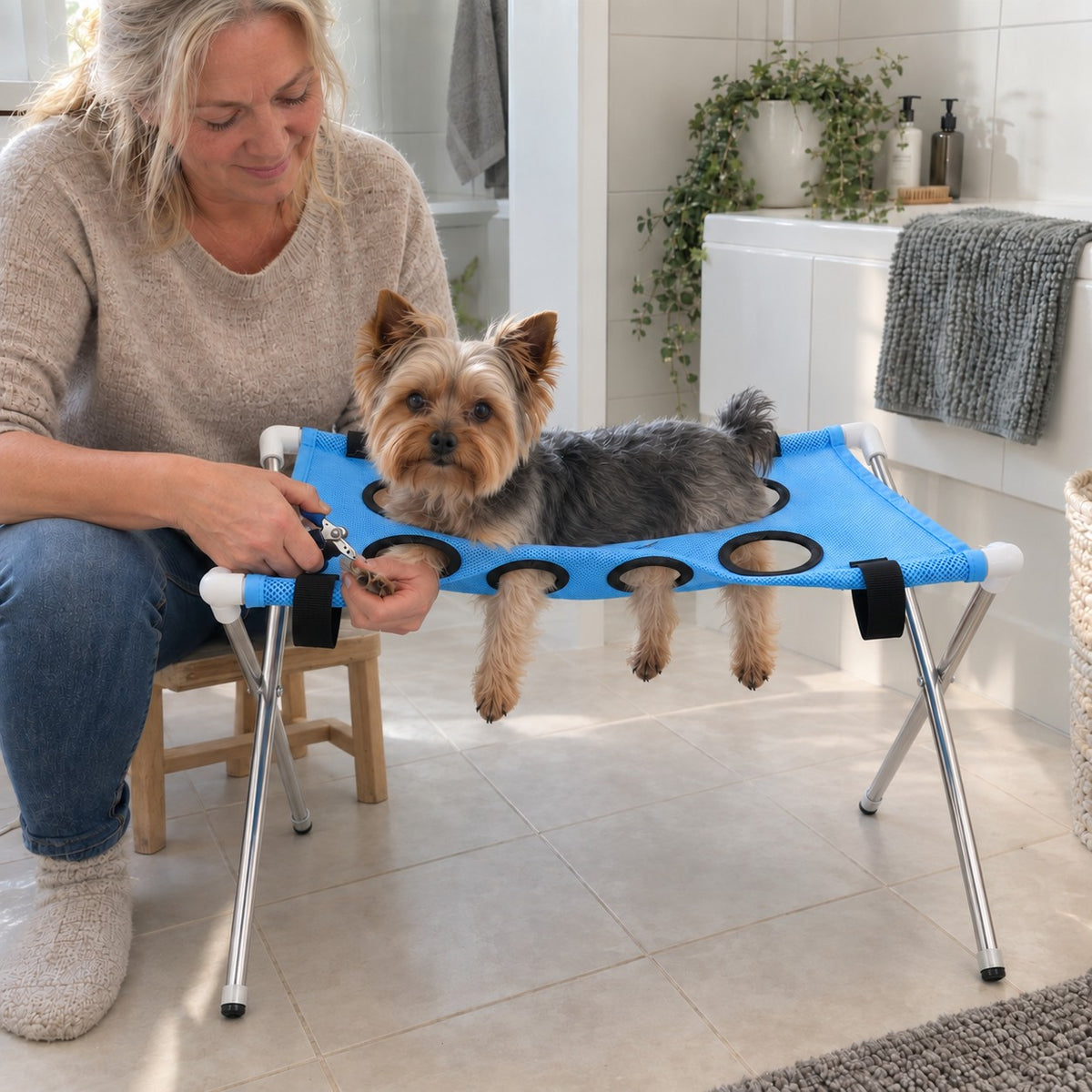 Yorkshire terrier ligger trygt i den blå StelleKøya med beina gjennom hullene mens eieren klipper klørne