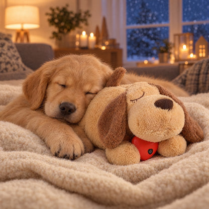 Golden retriever-valp sover tett inntil HjerteRo-bamsen på et mykt teppe en vinterkveld