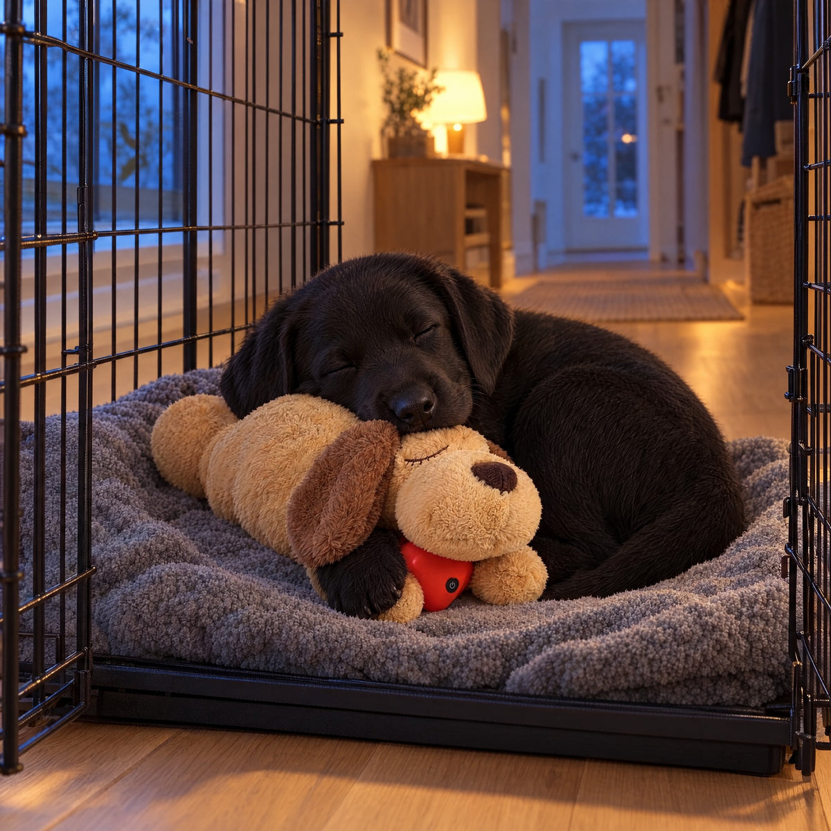 Svart labradorvalp sover med HjerteRo i buret den første natten