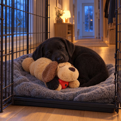 Svart labradorvalp sover med HjerteRo i buret den første natten