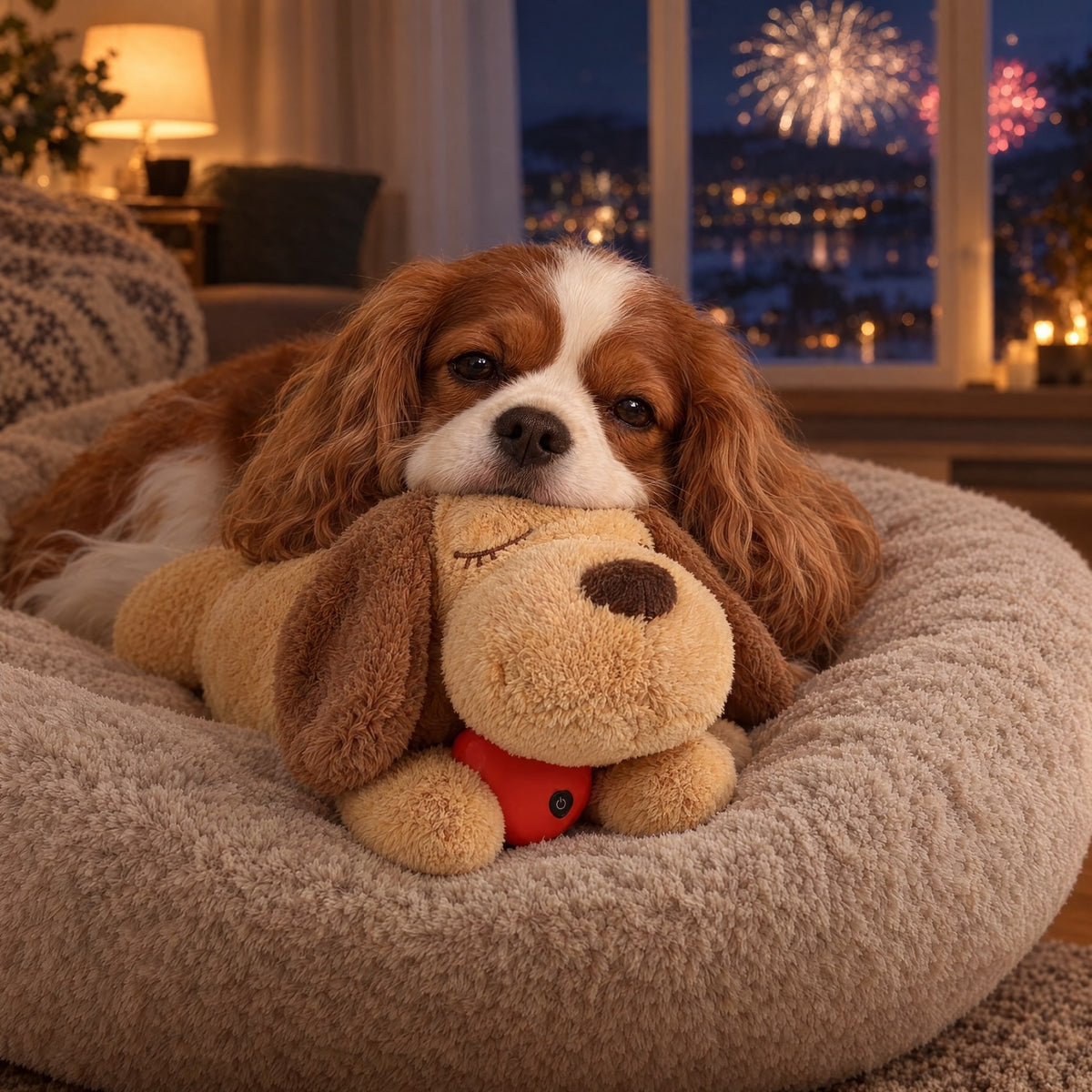 Cavalier king charles hviler hodet på HjerteRo mens det er fyrverkeri ute