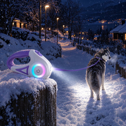 LysLine lyser opp en snødekt sti der en husky venter i lyset