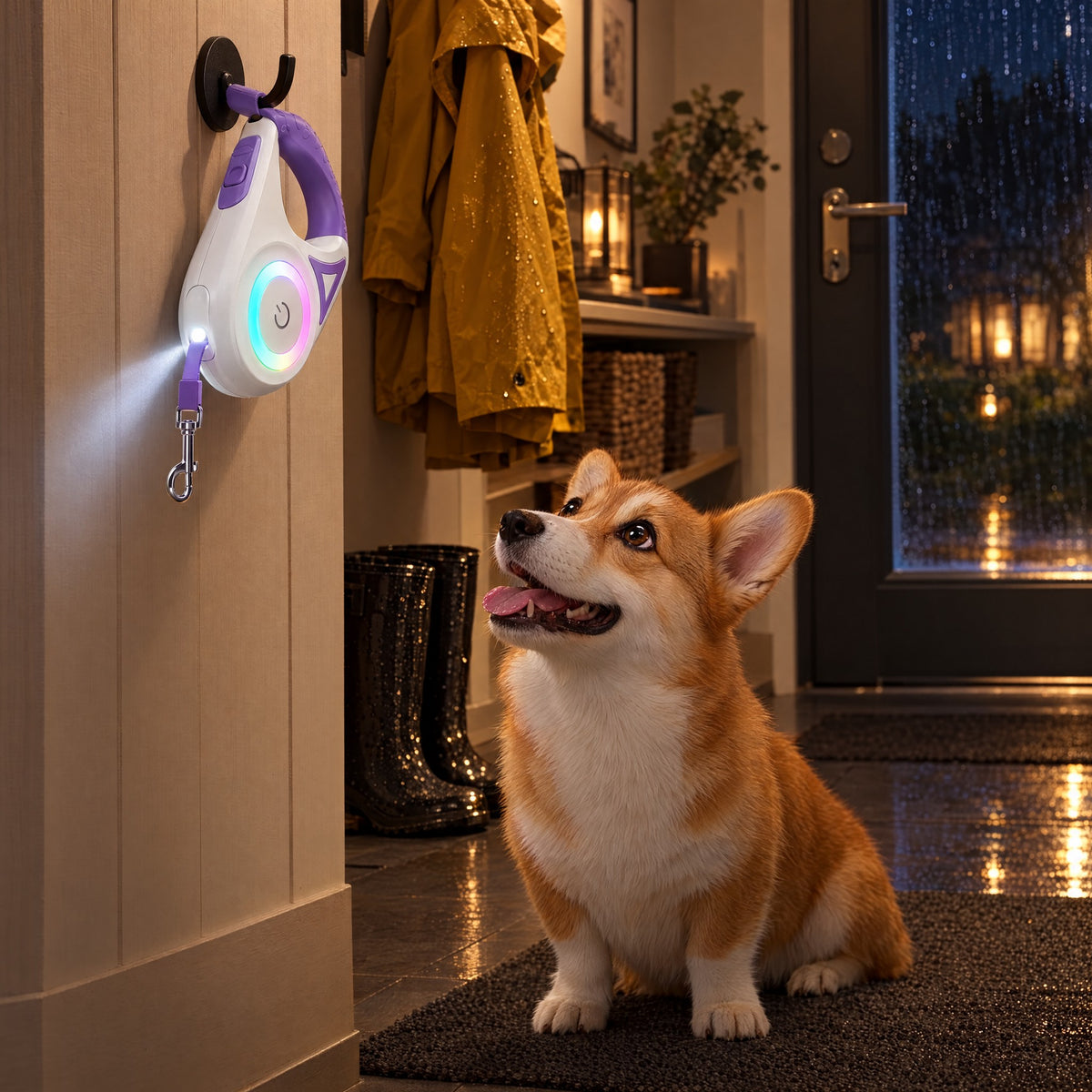 Corgi venter under LysLine som henger ved ytterdøra