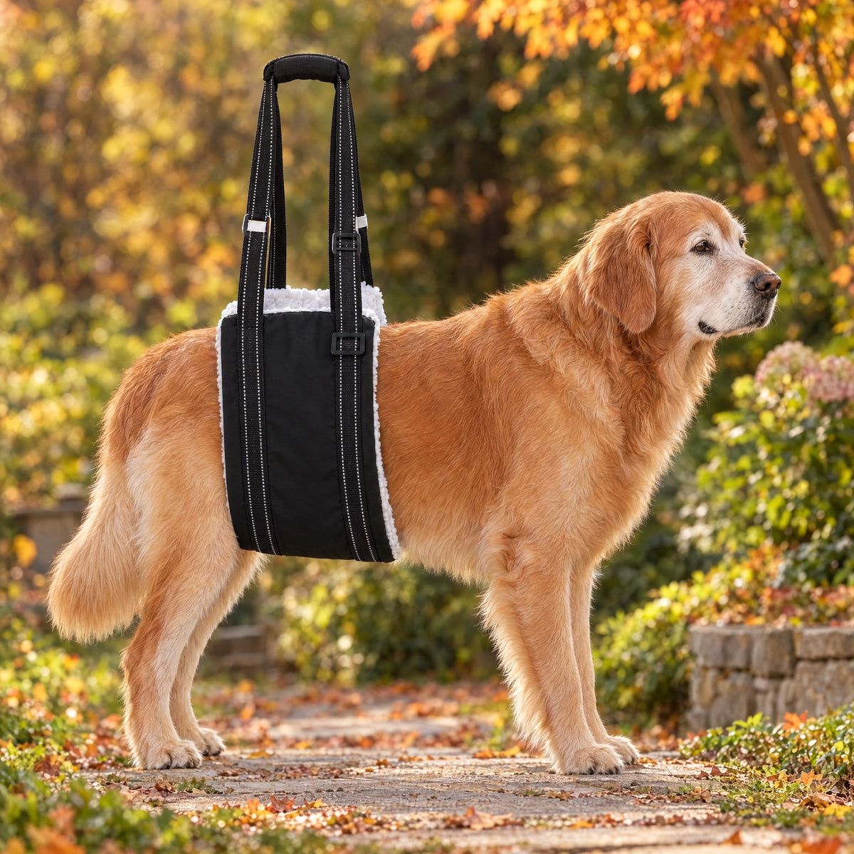 Eldre golden retriever står rolig med løftesele under magen