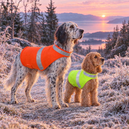 To hunder i oransje og gul refleksvest på en frostklar skogsvei