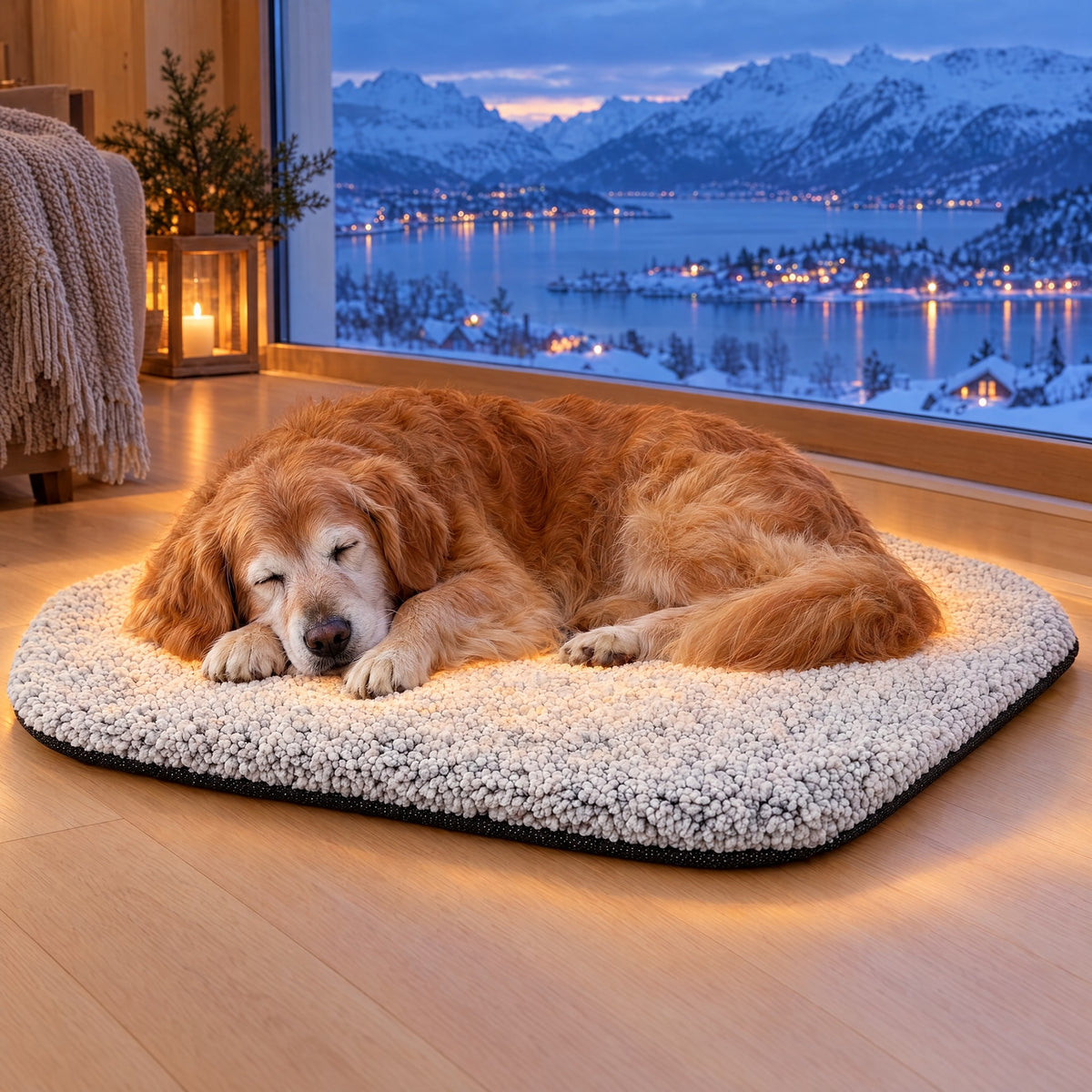 Eldre golden retriever sover på den selvvarmende matten ved vinduet en snøkveld