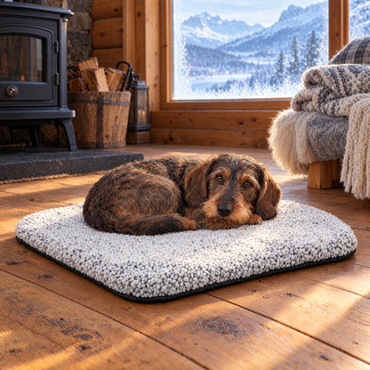 Dachshund ligger sammenkrøllet på matten på en kald hytte