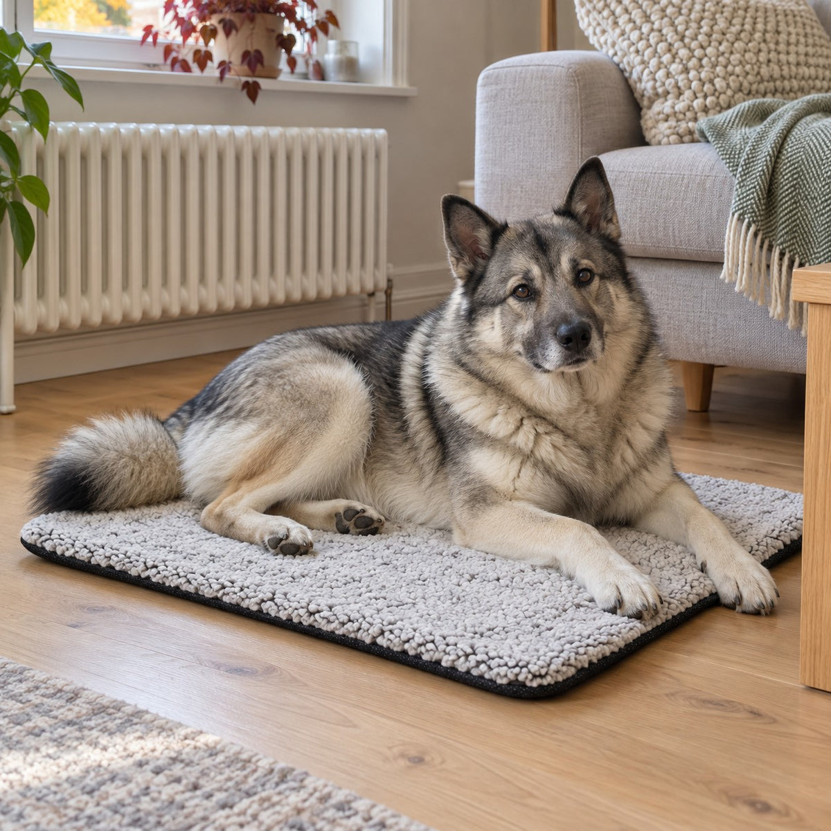 Selvvarmende hundematte – hund ligger på den tynne matta i stua