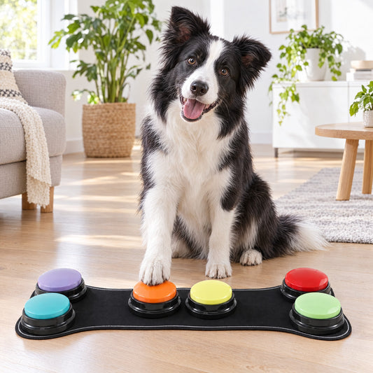 Border collie trykker på den oransje snakkeknappen på matten i stua
