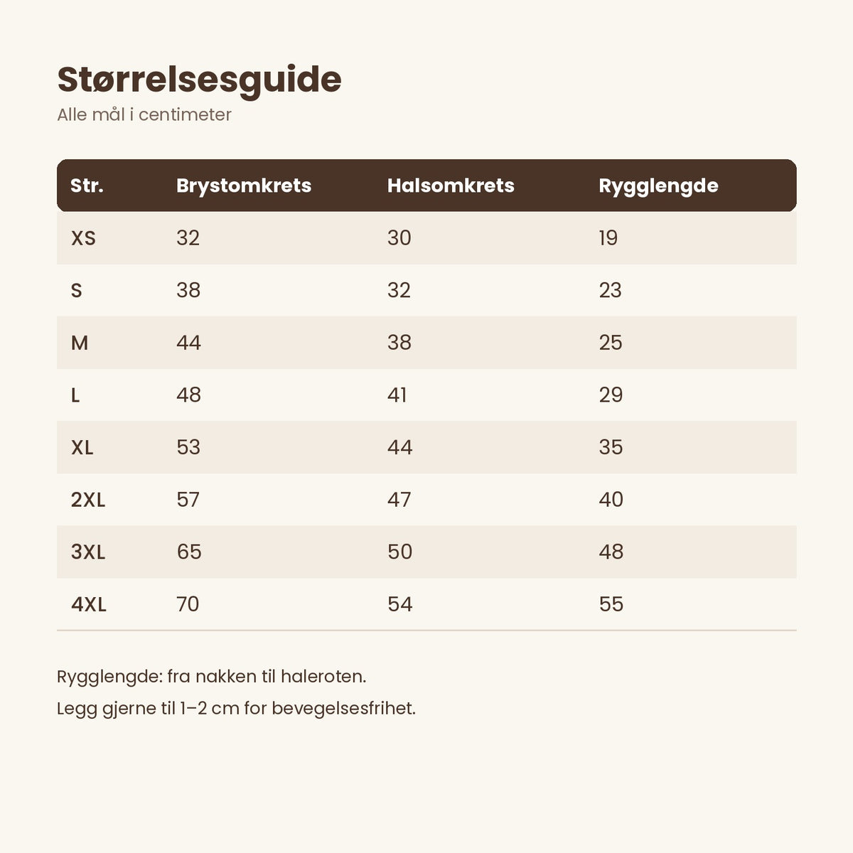 Størrelsesguide for Varm plysj jumpsuit