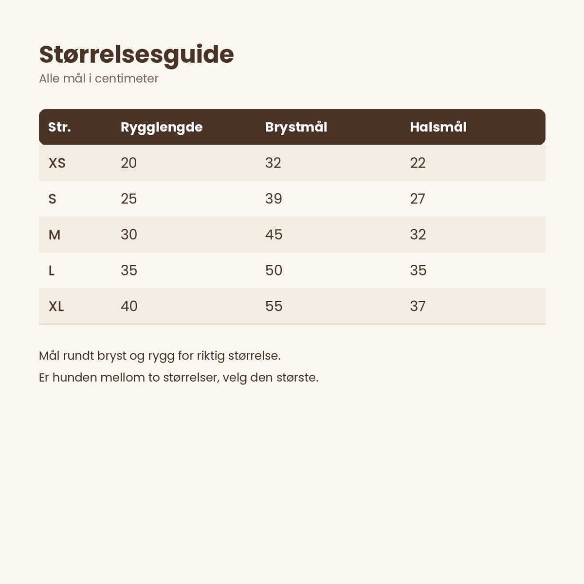 Størrelsesguide for Vinterjakke med fleecefôr