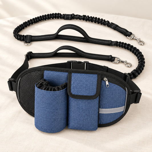 FlexiLeash magebelte i blått med lommer og sort bungee-hundebånd, på lin