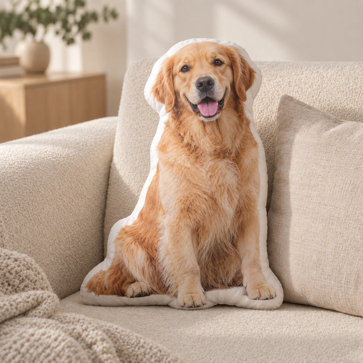 Formskåret fotopute av hund på lys sofa i nordisk stue