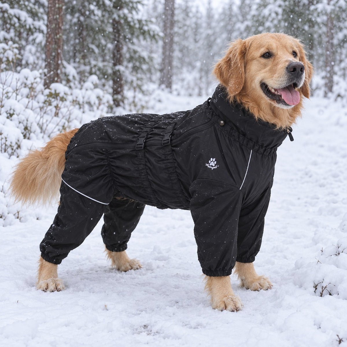 Golden retriever i svart Snøklar heldress på snødekt skogsti
