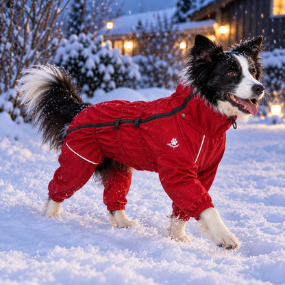 Border collie i rød Snøklar heldress i snøen