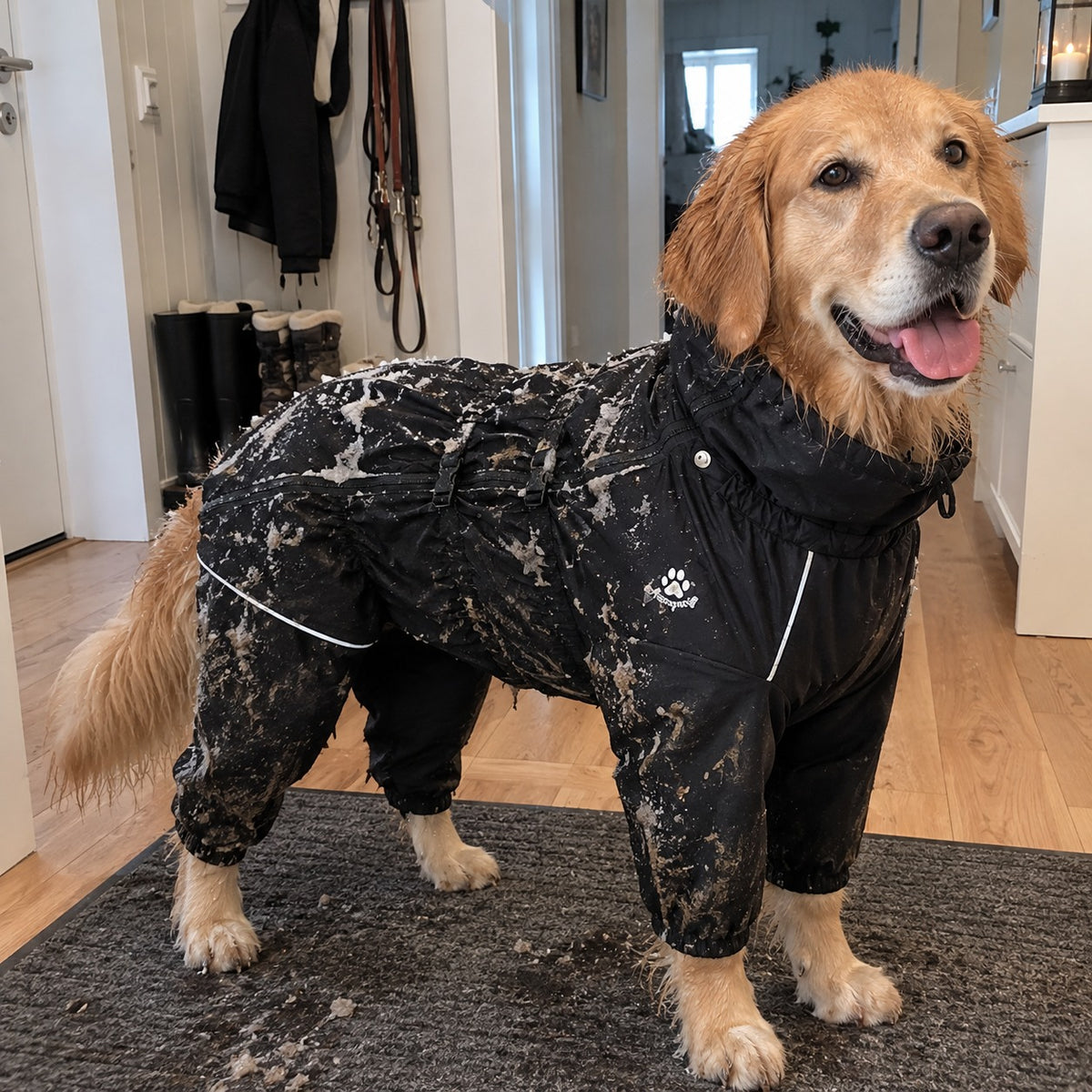 Hunden hjemme etter tur: søle på dressen, tørr pels under